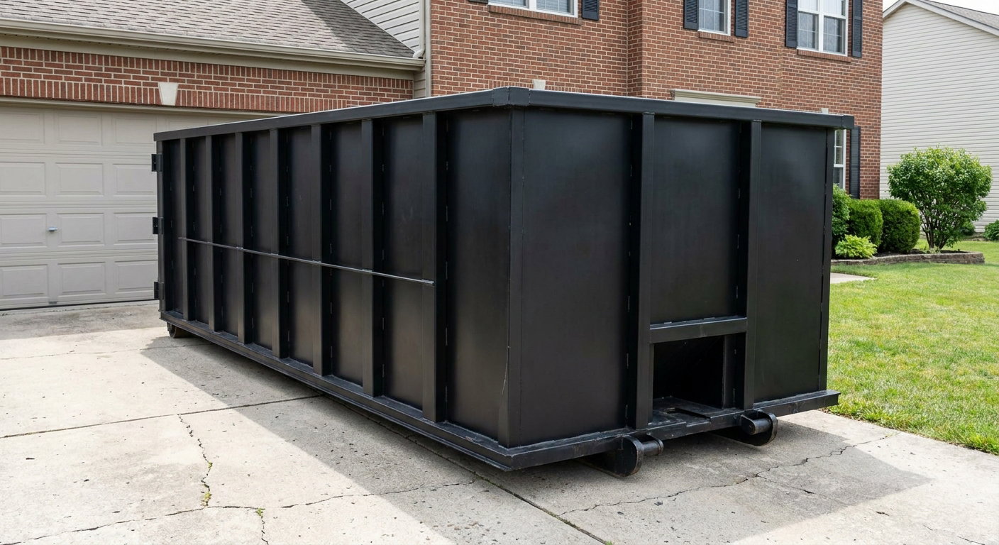 Matte-black 20-yard roll-off container on a San Antonio residential concrete driveway with reinforced ribbed steel sidewalls and a hinged rear walk-in door, clean bright daylight.