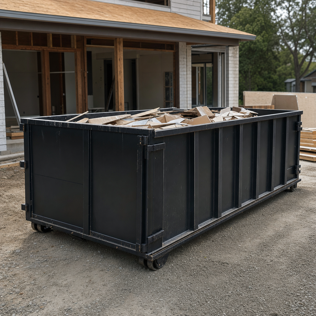 Large matte-black 30-yard construction roll-off dumpster at an active San Antonio jobsite, steel-gray top rails and bottom rollers visible, loaded with construction debris.
