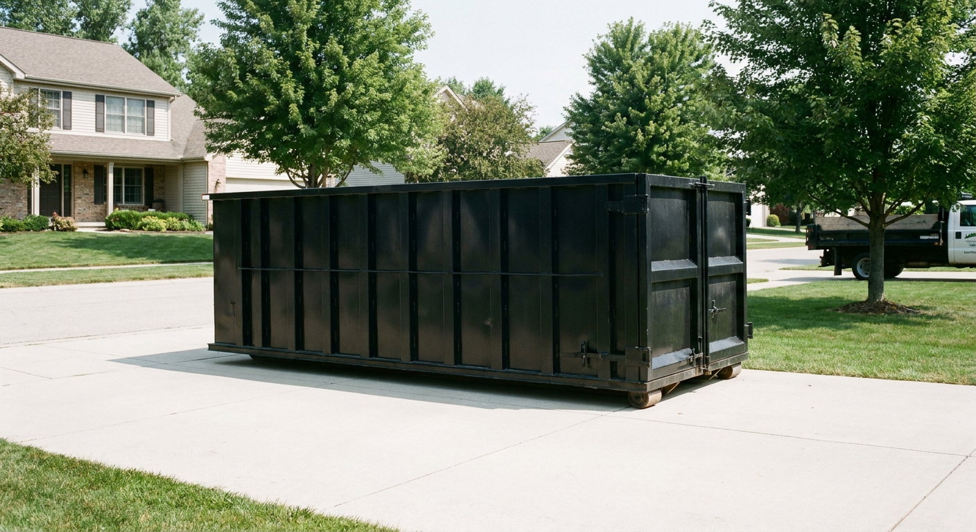 Matte-black 20-yard roll-off dumpster sitting level on a clean San Antonio residential concrete driveway under bright daylight, demonstrating clean placement directly on the concrete.